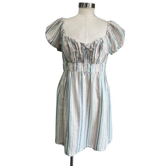 Lucky Brand Linen Blend Striped Puff Sleeve Mini Dress Boho Sz XL - Picture 2 of 7